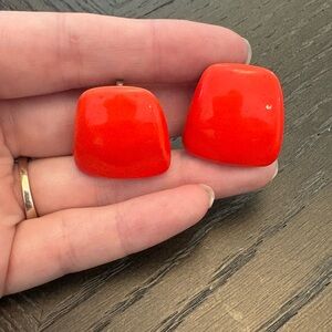 Vintage 80s Neon Coral Red Orange Square Plastic Clip On Earrings